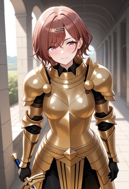 1girl, Higuchi Madoka idolmaster shiny colors, A face full of confidence, full armor, Raising the sword, gilgamesh armor, proud smile, medium breasts, hairclip, holding excalibur sword, Indoors, outdoors, blush, looking at viewer, masterpiece, best quality, amazing quality, newest, absurdres, highres, high detailed, masterpiece, best quality, amazing quality, newest, absurdres, highres, high detailed
