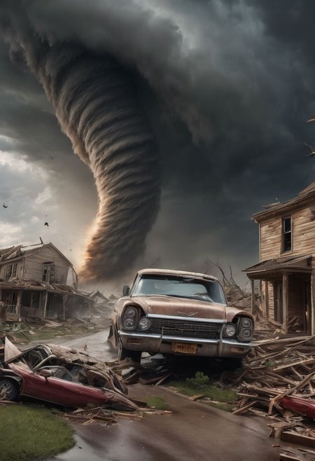 ((two tornadoes)), ((debris flying through the air)), destroyed houses, destroyed cars, hyper-realism, realistic, masterpiece, intricate details, best quality, highest detail, professional photography, detailed background, depth of field, insane details, intricate, aesthetic, photorealistic, extreme depth of field, Ultra HD, HDR, DTM, 8K