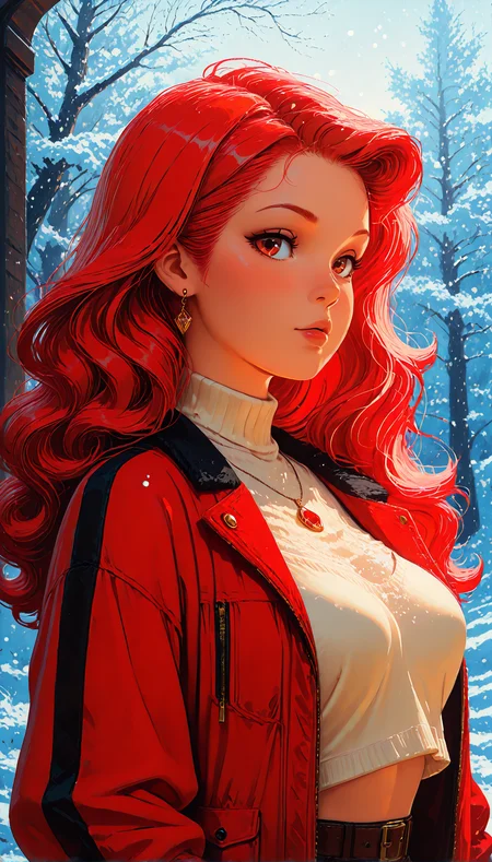 comic art, fantasy style, vivid colors, lineless:1.5, depth of field, cinematic lighting, winter setting, falling snow, 1girl, solo, red hair, wavy hair, long hair, fair skin, expressive brown eyes, subtle blush, glossy lips, turtleneck crop top, red jacket, open jacket, pendant necklace, earrings, stylish, confident, upper body, detailed hair, detailed face, soft shadows, warm lighting on skin, dramatic contrast, bokeh
<lora:Oilpainting_IL:0.6> jedopil, oil painting
<lora:Retro_60s_Decarlo_ILXL:0.4> decarloxl, retro colors, 60s
<lora:incase_2024_new_style_upscaled_with_big_images:0.8>
<lora:Add_color_ILXLv1:0.4>
<lora:Smooth_Lighting_Enhancer:0.4>
<lora:noobai_vpred_1_masterpieces_v23:1> masterpiece, best quality, very aesthetic 
<lora:illustriousXL_stabilizer_v1.23:1>