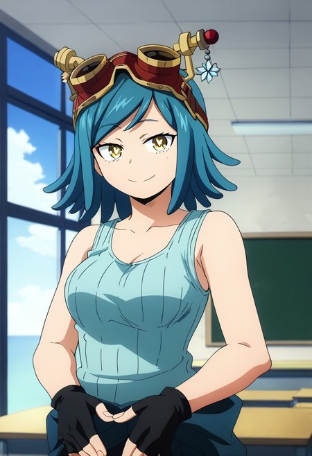 mei hatsume, Hatsume Mei, (yellow eyes:1.5),sky  blue hair, (skyblue hair:1.5),(symbol-shaped pupils:1.5), smile, BREAK gloves, sleeveless, black gloves, tank top, goggles, goggles on head, partially fingerless gloves, clothes around waist, ribbed shirt,  BREAK indoors, classroom, BREAK looking at viewer, BREAK <lyco:GoodHands-beta2:1>, (masterpiece:1.2), best quality, high resolution, unity 8k wallpaper, (illustration:0.8), (beautiful detailed eyes:1.6), extremely detailed face, perfect lighting, extremely detailed CG, (perfect hands, perfect anatomy),boku_no_hero_academia_style