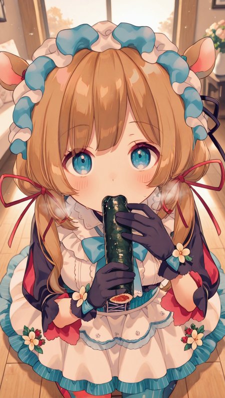 1girl,  solo,  face, kneeling,  from above, pov, looking at viewer, 
 close up mouth, closeup shot,
eating  black thick ehoumaki,  
grab ehoumaki both hands,
in heat, hard breathing,sweat, sweat drop,
<lora:niji-eli:1> nijieli,small breasts,blue eyes,brown hair,animal ears,deer ears,long hair,low twintails,red ribbon,, nijielicos,white shirt,frilled shirt,blue bowtie,black sleeves,puffy sleeves,corset,white skirt,frilled skirt,layered skirt,long skirt,white flower,asymmetrical pantyhose,two-tone pantyhose,split-color pantyhose,blue and red pantyhose,headdress,black gloves,,
living room, dusk,  light rays,, masterpiece,best quality,amazing quality,
 detailed, high_detail, high resolution, 4K,HDR,high detailed, ultra detailed, high res, amazing quality,very aesthetic, absurdres absolutely resolution, newest, texture,  elaborate background,, <lora:illustriousXLv01_stabilizer_v1.164:0.4>
 <lora:add-detail-xl:1.5> <lora:Detail-Enhancer-v1.0:1>