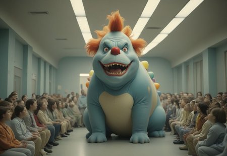 epic, cinematic, a towering (clown) chonkasaurus crowd, desaturised colours, in a sterile room, <lora:chonkasaurus-000003:1>