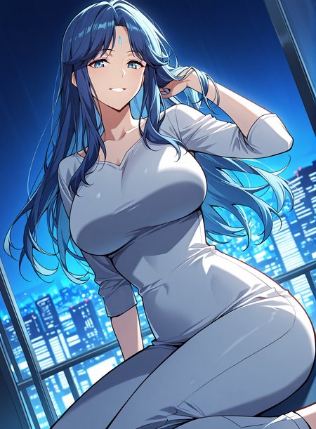 <lora:Sophie_Mardi (1):1>
1 girl, solo, blue eyes, big breasts, blue hair, long hair, loose hair
score_9, score_8_up, score_7_up, very aesthetic, source_anime, detailed, high quality, beautiful, masterpiece, detailed eyes, night, illuminated city background, blurry background, cityscape, pose dynamic angle, light smile, open mouth, hand on hair, sitting