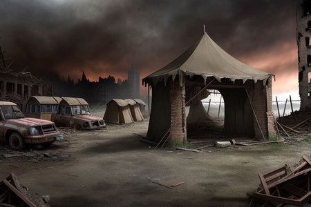 realistic, hyper-realistic, ultra detailed, 8k, photo,  
Wasteland city ruins, Collapsed modern city to ruins, red dust in every corner, very low vegetation, Collapsed city,  one dark skyscraper in distance, small round marketplace with few primitive tents at and in the ruins,  
Dark sky, cloudy sky, market stalls and market huts made from scrap and the ruins,