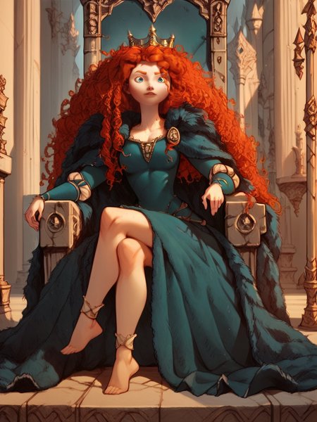 score_9, score_8_up, score_7_up, score_6_up, score_5_up,   <lora:meridaXLP:1> merida, 1girl, long hair, solo, curly hair, blue eyes, red hair, freckles, dress, curvy, large breasts, queen, throne, crown,  long legs