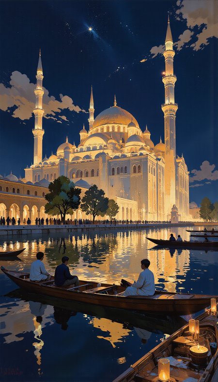 pscho_4rt,mythp0rt, A painting of a grand mosque at night, with a reflection of the surrounding buildings and boats in the water. the painting is done in a realistic style with vibrant colors and intricate details, showcasing a detailed view of the grand mosque with its distinctive golden domes and minarets, surrounded by a calm body of water. in the foreground, a group of people can be seen sitting in small wooden boats, illuminated by the warm glow of the candles. the scene is peaceful and serene, with the reflections of the people and the boats creating a sense of tranquility. the sky is filled with stars, and the overall atmosphere is one of serenity and tranquility, reminiscent of traditional eid al-fitr celebrations.  solo, 1boy, 2girls, sitting, outdoors, sky, water, day, cloud, no humans, watercraft, reflection, night, gondola, architecture, night sky, floating, floating boats, reflection on water, candle, grand mosque  camera_angle: from side, art_style: painting, location: grand mosque, background: A grand building with ornate architecture, reflecting in calm water, text: NA, distance_to_camera: full body;full body, clothing: NA;NA;NA, image_composition: middle;middle, pants: none;none, accessory: none, shoes: none ;none, action: sitting in a row;sitting in row, facing_direction: facing viewer;facing viewer, facial_expression: calm;neutral;neutral, ear: no human;no human, eye_color: no visible;no visible, gender: 1man;1woman, hair_color : NA;no hair;no woman, hair style: NA ;NA