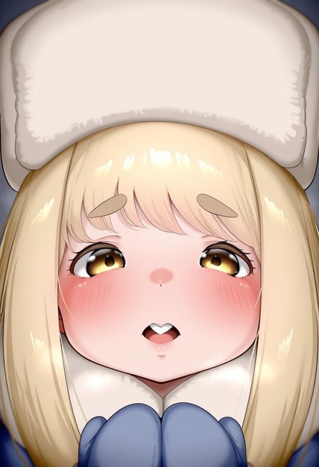 hyuuman, digital illustration, charact portrait, depth of field, pastel coloring/(medium/), blonde hair, very long hair, blushing, face focus, buck teeth, looking at viewer, ushanka, mittens, winter coat