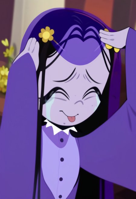 score_9, score_8_up, score_7_up, AhEtoBlehMeme, closed eyes, tongue out, :p, hands on own head, smile, <lora:AhEtoBlehMeme_pdxl_Incrs_v1:1>, MiseryRG, black hair, black eyes, pale purple skin, tears trail, purple veil, yellow flower hairclips, white-collared purple buttoned dress, long purple sleeves,