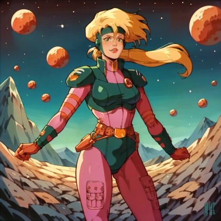 score_9, score_8_up, score_7_up, score_6_up, score_5_up, score_4_up,  <lora:NaraBurns_XL:1> naraburns, blonde hair, green eyes, lips, ponytail, headband, smile, standing, full body, space, night, cartoon, flat colors, retro artstyle,1980s (style), armor, bodysuit,