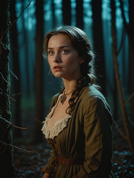 this Technicolor filmstill was shot with a 35mm Arriflex camera and an Angenieux 25-250mm f/3.2 lens. it shows cute russian 30 y.o. woman in the eerie woods at night, afraid <lora:breasts_slider_v2:4>, set in the 19th century