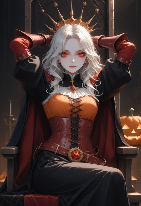 (masterpiece, best quality, absurdness, 4k, aesthetic, detailed, intricate, perfect lighting) cinematic angle, 1sologirl, sitting on throne, elbow rest, castle interior, cape, TWIN belt, armor, cloak, red gloves gauntlets, bkcrown, red eyes, white haired anime girl, with wavy hair, pale skin, On her face she had a pumpkin mask, orange porcelain pumpkin mask, full mask cover face, dressed in a medieval corset, with black medieval clothing, anime style. Conjure up some magic capturing the Halloween spirit.  Arms behind head, strong body, abs.