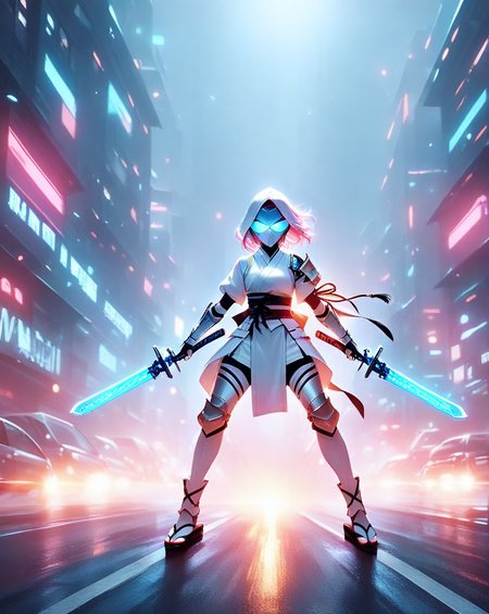 3d, cg, photorealistic smooth animation style, smooth anime, masterpiece, best quality, a ninja assassin, backlight, covered in white tight fitting cybernetic bio-mechanical armor with blue accents, jump, jump kick, carrying blue glowing tonfa, ((wearing white full mask, mask completely covers full face, light blue glowing eyes, wearing full white armored gloves, white armored traditional ninja Jika-tabi)), facing viewer, quasarcake, ishikei, colorful neon abstract background, bold lines, intricate details, hyper detailed, very detailed, high resolution, sharp, sharp image, 4k, 8k, masterpiece, best quality, trending on artstation, dark, moody,
<lora:CyberLight:0.5> CyberLight, <lora:M05_Intensify:0.5>, <lora:Midjourney Image Enhancer XL v1:0.2> <lora:3D:0.6>,  <lora:drunken-fist03:0.8> fight stance,  <lora:3D_Modeling_2:0.3> ,<lora:MG_ip:0.5> MG_ip,  <lora:- SDXL - vanta-black_contrast_V3.0:0.3>