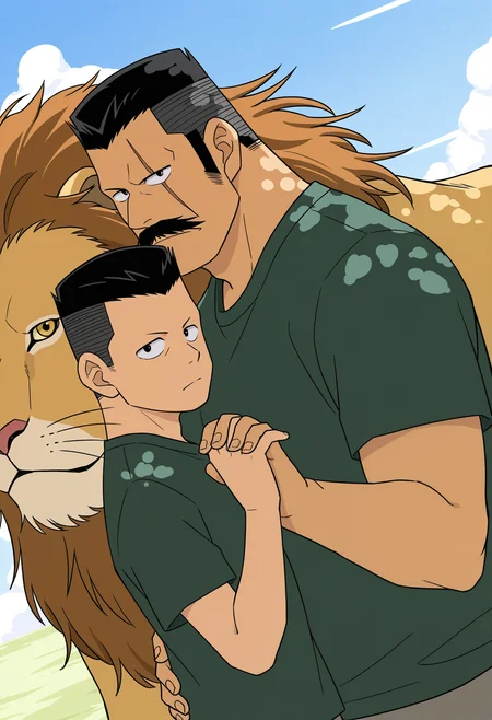 2boys, duo, upper body, interlocked fingers, looking at viewer, from side, standing, hands up, serious, dutch angle, (age difference:1.5),
BREAK
<lora:Kiyonaga_Matsumoto_from_Detective_Conan_v1.1:1> (plump:1.2), (long sideburns:1.5),
kiyonagamatsumoto, mature male, black hair, no eyebrows, flattop, thick mustache, forked mustache, scar across eye,
BREAK
(20-yo man:1.2), young man, mature male, (skinny boy:1.25), hairless boy, boy wearing green shirt, [short sleeves],
BREAK
dappled sunlight, high contrast, sunlight, day, outdoors, blue sky, cloudy sky, lion,
BREAK
bara, best quality, masterpiece, very aesthetic, absurdres, highest detailed, very awa, safe_pos