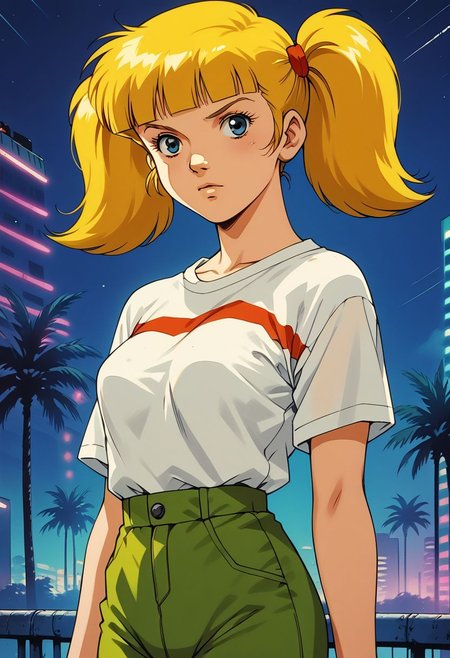 score_9, score_8_up, score_7_up, score_6_up, score_5_up, score_4_up, source_manga, rating_questionable, 1girl, penny \(inspector gadget\), human, cyberpunk, punk, breasts, undercut, blonde hair, pigtails, blue eyes,
shirt, stripe, green pants, cowboy shot, night, neon, vaporwave, retro artstyle, tv still, halftone effect, knva,