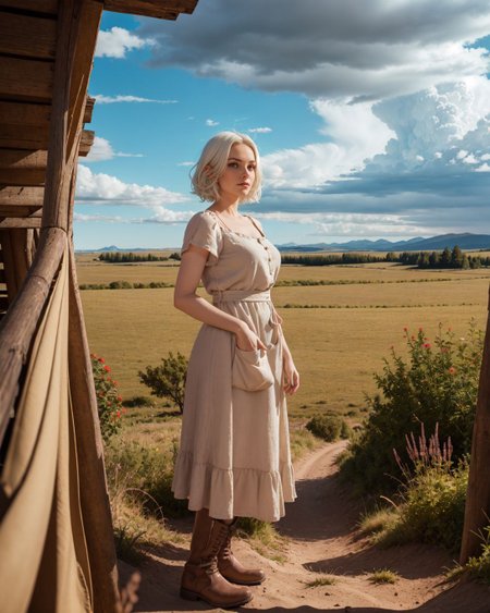 (Dutch angle:1.4), (Sn0frid_v1, white hair:1.3),  medium bosom, (style of Dorothea Lange) rugged frontier homestead woman, 1800s Montana, linen blouse, long skirt, apron, practical sturdy boots, earthy tones, natural fibers, rustic charm, sepia-toned aesthetic, arid golden prairie, wooden cabin, wildflowers, cracked soil, farm tools, weathered textures, sun-dappled lighting, determined expression, confident pose, wind-tousled hair, (dramatic clouds:1.2), vast open landscape, vintage authenticity, pioneering spirit ,