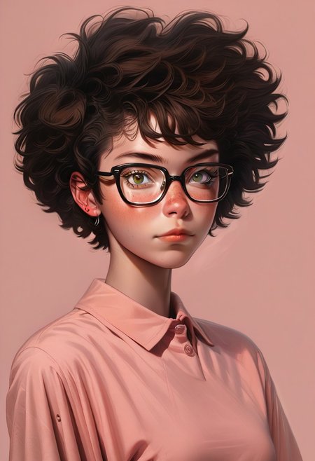 1girl, pretty face, freckles, manic pixie, dark hair, 
nerdy tshirt, seductive, glasses, 
FOV medium shot, 
simple pastel lilac background,
score_9,score_8_up