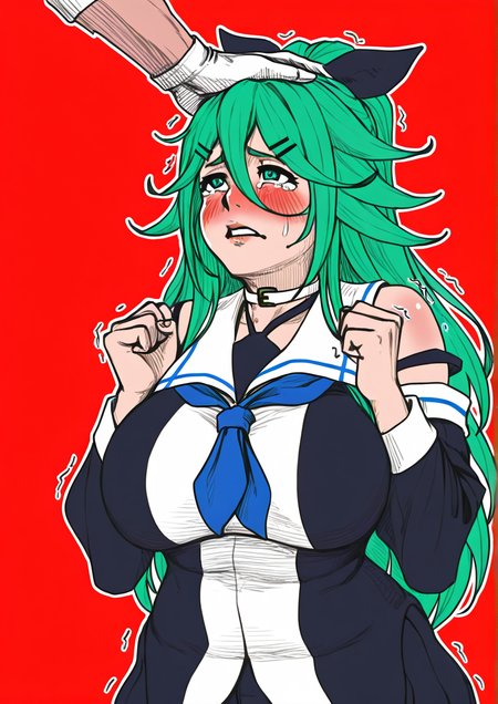 <lora:davethebiggest:1>,1girl,yamakaze \(kancolle\), detailed background, huge breasts, wide hips, black bow, black serafuku, blue neckerchief, blush, bow, clenched hands, detached sleeves, gloves, green eyes, green hair, hair between eyes, hair bow, hair ornament, hairclip, hand on another's head, headpat, long hair, looking away, motion lines, neckerchief, parted bangs, school uniform, serafuku, sketch, solo focus, tears, trembling, white gloves, 
very awa, masterpiece, best quality, highres, absurdes,amazing quality