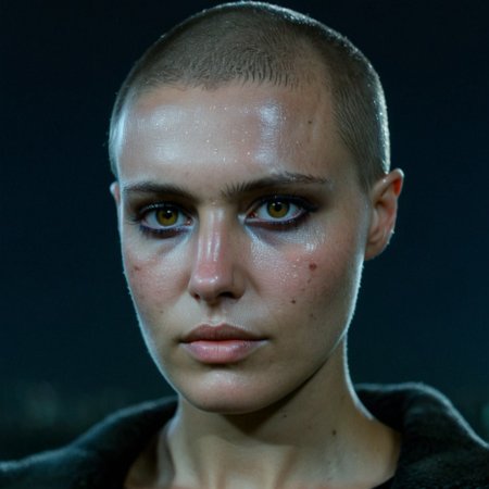 Buzzcut, no hair, bald, Blade Runner style, cinematic film still, (Skin Texture, pores, natural,iPhone,RAW)), natural lighting, Highest Quality closeup Portrait photo of a woman with a ((buzzcut)), silver eyes, Nikon Z9, realistic matte skin, blurry city in the background, at night, moody, epic, gorgeous, 8K,