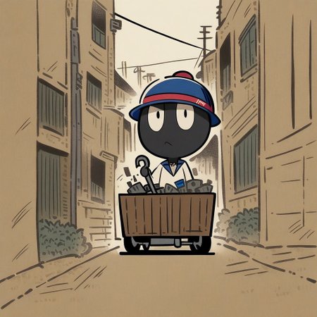 score_9,score_8_up, masterpiece, by Simon Hutt and Takeichi Abaraya \(skchkko\), (solo:1.2), 1mutant, humanoid, pale black skin, thick scowl eyes, @ @, blue Dot Pupils, Black thick eyebrows, hidden nose, mouth (Dimple), power lines, no humans, Magenta Bowler hat, bandage arms, white simple jacket robe, Maroon Bow Tie, pointed flat collar, Panel Screws on neck, shackles on wrist, black Apron, red laced boots, looking at viewer, rage and Revulsion, looking at view, Slightly Side View, holding sickle Hooks With Chain and saws, riding at in wagon, Asterboid + Garden+ Chinatown + Seoul + New York City, Artist by Alexis Beaumont and Hiroyuki Imaishi, France hand drawn art, MFKZ style hand drawn art, graphic illustration, Style of Steve Baker and Hiroyuki Imaishi, Flat 2D Art Style, France hand drawn art, Thick lineart, Art Style of Wuye Changjie and Hiroyuki Imaishi, MFKZ parody, <lora:TakeichiAbarayaArtistStyle_v10:0.2>, <lora:AlexisBeaumont-10:0.8>, <lora:SilviaDeVenturaArtist-19:0.2>, <lora:LewisTrondheimXLP_Style:1>, <lora:HellperWebtoonV2:0.9>, <lora:MFKZ-XL:1>