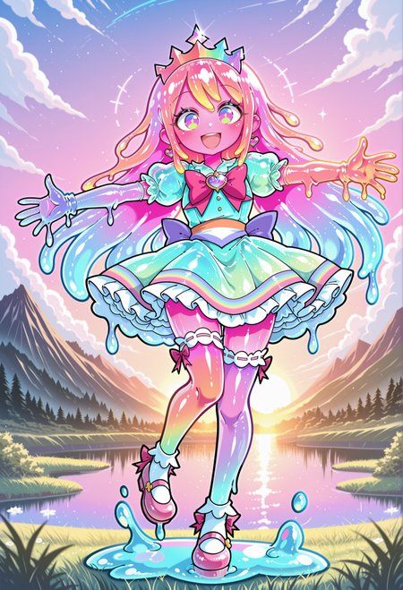 Funset, ff-ca, masterpiece, best quality, absurdres,
1girl, (slime girl), monster girl, slime \(substance\), rainbow eyes, (gradient eyes), colored skin, pink skin, pastel rainbow hair, multicolored hair, gradient hair, long hair, 
(pastel colors, pastel blue, pastel orange, pastel green, pastel purple), pastel rainbow magical girl, padded magical girl dress, kawaii, frilled skirt, thighhighs, padded pastel rainbow dress, multilayered dress, petticoat, padded dress, puffy short sleeves, elbow gloves, rainbow tiara, gem brooch, large bow, ribbons, lace trim, frills, satin, sparkles, glitter, heart earrings, rainbow accessories, jewelry, bobby socks, frilled mary janes,
lipgloss, eyelashes, blush, light makeup,  
outdoors, nature, lake, clouds, sunset, backlighting,
solo, full body, standing on one leg, no pupils, tareme, happy smile, open mouth, outstretched arms, incommoding hug,
intricate, highly detailed, majestic, shallow depth of field, movie still, circular polarizer, light reflections