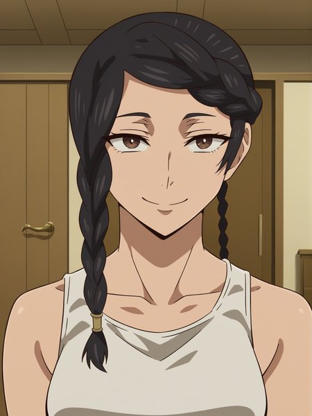 <lora:ANZELICA_VARLEY:1>,anze,1girl,braid,black hair,brown eyes,white tank top,smile,upper body,looking at viewer,indoors