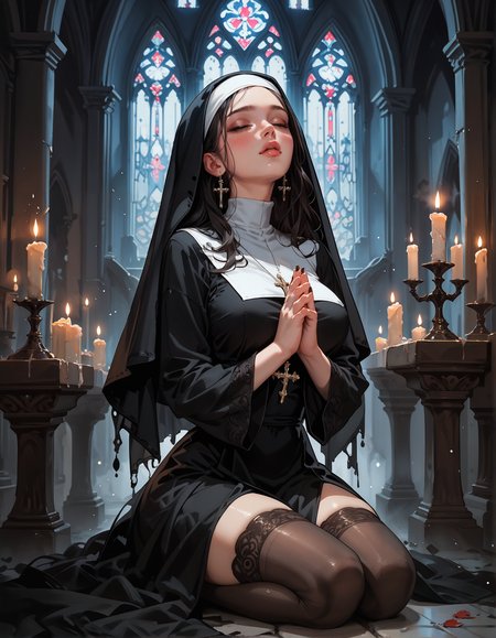 score_9, score_8_up, score_7_up, score_6_up, score_5_up, score_4_up,  beautiful girl, dark fantasy, gothic, eerie, (solo), nun girl, veil, lace stockings, night, cathedral, candlelight, glowing, sultry look, suggestive, sexy, on knees, praying, 1girl, delicate and smooth skin, blush, perfect body, thighs, large teardrop breasts, highly detailed, glossy lips  <lora:Expressive_H-000001:0.6>, expressiveH  <lora:g0th1cPXL:0.4> <lora:incase_style_v3-1_ponyxl_ilff:0.3>  <lora:sinfully_stylish_SDXL:0.4>