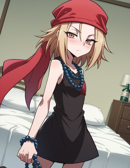 score_9, score_8_up, score_7_up, source_anime,
annakyouyama, <lora:anna-kyouyama-2021-s1-ponyxl-lora-nochekaiser:1>,
anna kyouyama, blonde hair, short hair, brown eyes,
bandana, beads, black dress, dress, prayer beads,
indoors, bed, bed room, on side, blush, drunk,
looking at viewer, cowboy shot, solo, dutch angle