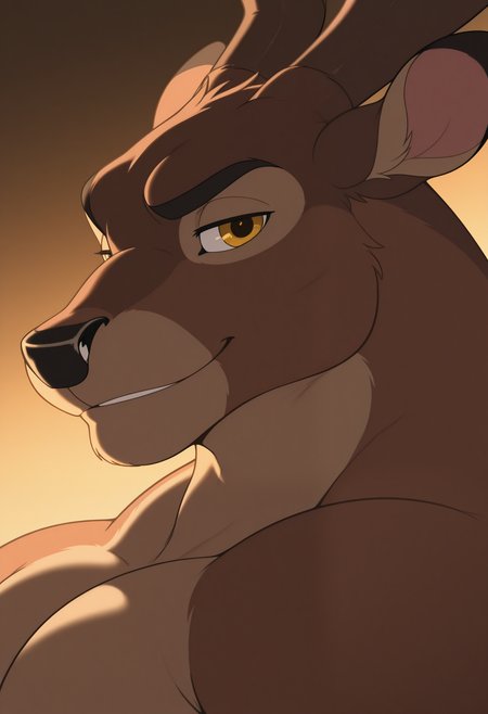 masterpiece,best quality,amazing quality, 1boy, solo, Pr1nc3, anthro deer, bara, smirk, close up, side angle,