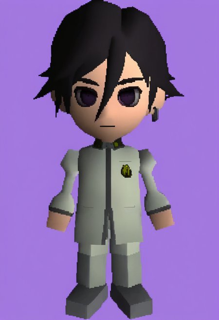 masterpiece, best quality, solo, 1boy, looking at viewer,  <lora:FF7-Chibi-illus_Fp:1>, full body, simple background, 3d, <lora:Naoya-illus_Fp:1>, naoyap1, black hair, purple eyes, school uniform, hair between eyes, short hair, single earring, black hair, chibi,