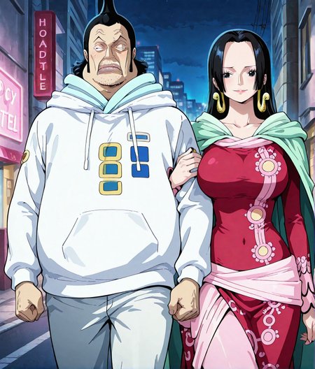 <lora:add-detail-xl:0.5>,,masterpiece, best quality, newest, absurdres, highres, detailed eyes, beautiful, detailed background, perfect eyes, anime coloring, anime screencap,
<lora:sugar_dating:0.5>sugar_datingV1,
girl hooks her arm around the boy’s arm,night, walking,
1girl, 1boy, hetero,  light smile, facing viewer,  
outdoors, love hotel, street,sexually suggestive,
head lying on shoulders, A street lined with love hotels,
BREAK
 one piece, official style, 
boa hancock,long hair,  (Beehive hairstyle female:-1),red dress, 
<lora:Saint_Charlos_-_One_Piece:1> ugly man, fatman,
masculine face, daddy looking face, OPCharlos, black hair, facial hair, white outfit, Beehive hairstyle male,
20YO, milf,adult female,