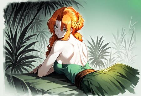 score_9, score_7_up,  source_anime, uncensored, zPDXLxxx, vector trace, flat color, minimalist, limited palette, high contrast,  <lora:intricate_details:0.5> intricate_details_xl, <lora:ProjectMoon_Style_v1.1:1.3> PM Style, exotic, fruit background, cropped shoulders, back focus, jungle, evening
1girl, solo, li, large breasts, orange hair, braided bangs, hair between eyes, hair slicked back, big hair, dark green eyes, looking at viewer, suspender skirt, on stomach, questioning,