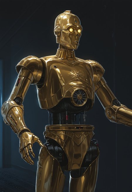 score_9, score_8_up, score_7_up, (crdhrs2), movie_still, 1boy, (c3po), android, robot male, golden metallic skin, golden glowing eyes, black midriff with wiring, solo, confused, lost, looking away, standing, arms wide, indoor, in a dark sci-fi hallway, dark background, simple background, cowboy shot, detailed lighting, masterpiece, best quality, (ultra-detailed), very aesthetic, beautifully drawn, elegantly detailed, newest, 8k, latest, backlighting, shadows, star_wars,