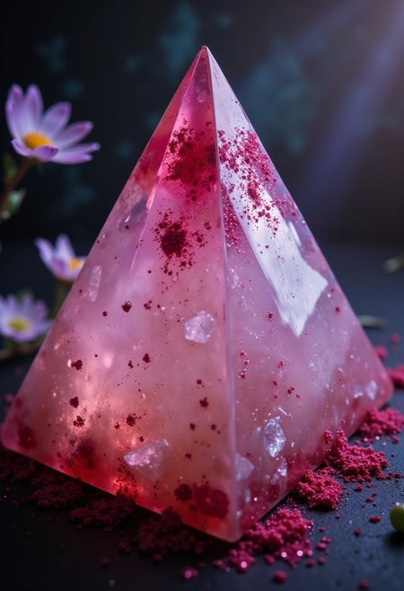 rear angle of a Soft wabi-sabi Crystal pyramid, in focus, Bugcore, Colorless and Maroon dust particles, deep rich colors, rich vivid colors, perfect symmetry, epic atmosphere, great composition, perfect composition, highly detail, surreal, enchanted, beautiful, complimentary colors, beautiful elegant