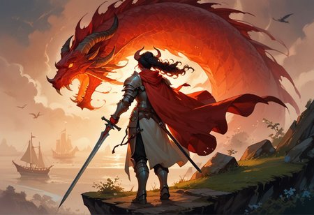 score_9, score_8_up, score_8_up,score_7_up, 
1girl, Tiefling, pointed ears, horns, red skin, black curly hair, ponytail, long hair,
  greatsword on shoulder, 
paladin, cleric, knight, crusader, (heavy armor),red cape, tattered cape, wind, windy weather, 
 from behind, sunset
 standing on a cliff, fantasy, ships in background, silhouette of a flying dragon in the distance, dragon breathing fire