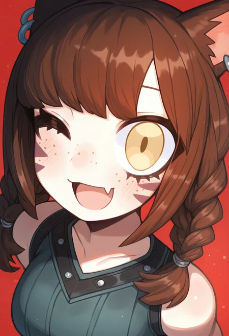 masterpiece,best quality,amazing quality,
1girl, solo, one eye closed, miqo'te, animal ears, braid, fang, facial mark, smile, red background, twin braids, brown hair, cat ears, open mouth, upper body, looking at viewer, bangs, whisker markings, ;d, simple background, freckles, jewelry, earrings, brown eyes, skin fang, piercing, yellow eyes, breasts,
 <lora:Ankoku:1>
