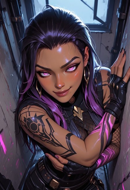 highres, very detailed, amazing quality, masterpiece,
very aesthetic,
particle effect,
1girl, dark-skinned female, two-tone hair, long hair, purple hair, purple eyes, black hair, hair slicked back, arm tattoo, glowing, black bodysuit, boob window, fishnets, black gloves, belt, fingerless gloves,
arms crossed, 
looking at viewer, Leaning against wall, 
seducing, seductive, flirty, tender, smirk, loving, playful,
Close up, face focus, from above,