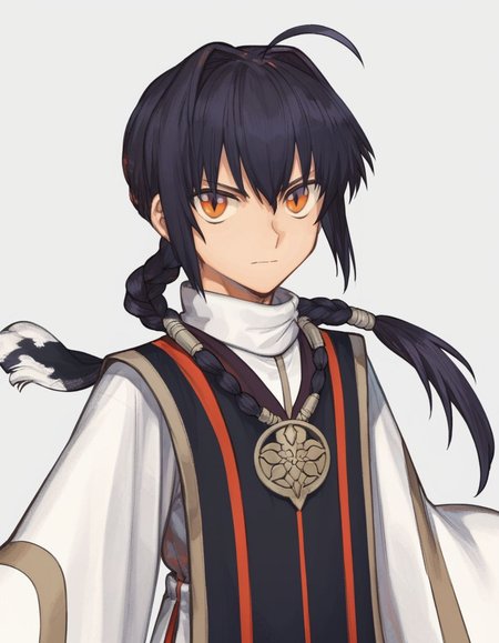 score_9, score_8_up, score_7_up, masterpiece, young boy, 
<lora:FSR:1>, fsr, solo, long hair, looking at viewer, bangs, black hair, long sleeves, 1boy, hair between eyes, jewelry, closed mouth, yellow eyes, upper body, braid, ahoge, male focus, necklace, orange eyes, hair intakes, braided ponytail,robe