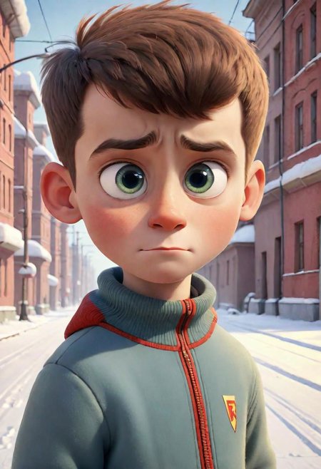 Pixar Disney Style poster about ussr boys with short haircut, ussr sport fashion, winter ussr street, Pixar movie