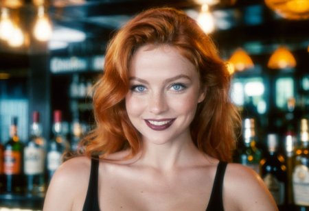 CinematicPortrait, photo, ((analog)), woman, (), ginger, tank top, ((cleavage, moles)), glossy dark lipstick, hair glow, grey eyes, smile, looking at viewer, bar, indoors, , (rich aesthetics), ((masterpiece, soft focus, depth of field, film grain)) <lora:VintagePinupSDXL_v3:0.4> <lora:CinematicPortraitXL_v3:0.4>