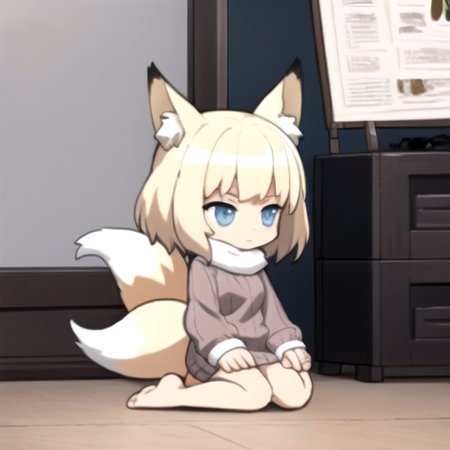 (masterpiece, best quality:1.2),  <lora:AKTEST-10:1> chibi, platinum blonde hair, blue eyes, sweater dress, full body, bare feet, (flat shading), (anime cel-shaded:1.1), fox ears, large tail, fox tail, fluffy tail