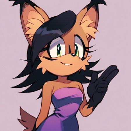 score_9, score_8_up, score_7_up, score_6_up, score_5_up, score_4_up, (Source furry), (rating safe),  <lora:Nicolethelynxpny:1>, Nicole the lynx, 1girl, long hair, smile, gloves, dress, green eyes, tail, purple dress, sideways mouth, snout, sonic the hedgehog \(series\), furry, furry female, black hair, animal ears, animal nose, animal ear fluff, solo, solo focus, body fur, brown fur, facial markings