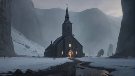 best quality, masterpiece, raw photo, 8k, uhd, cinematicpainting, one norvegian church in the middle of a norway landscape    <lora:Cinematic_Painting_XL-000002:1>