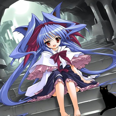 score_9, score_8_up, score_7_up, source_anime, rating_explicit, BREAK  <lora:Shion_mahjong_XL:1> Shion_mahjong, very long hair, blue hair, hair bow, hair intakes, brown eyes,  short stack,
cat, solo, barefoot, sitting, stairs, dress, black cat, purple hair, capelet,  red eyes, hair ribbon, bow, smile, open mouth,
ruins, cave,