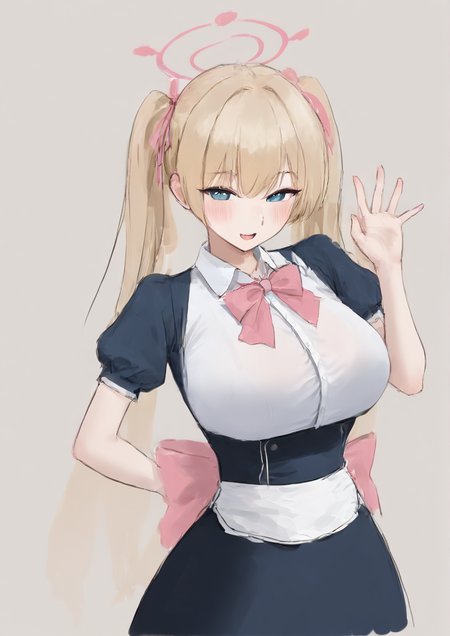 1girl, huge breast, :d, apron, black skirt, blonde hair, blue dress, blue eyes, blush, bow, bowtie, dress, head tilt, long hair, looking at viewer, neck ribbon, open mouth, pink bow, pink bowtie, pink ribbon, puffy short sleeves, puffy sleeves, ribbon, short sleeves, skirt, smile, solo, twintails, upper body, waist apron, waving,zPDXL3 <lora:ã¬ã®ãã³drawgarbage:1>