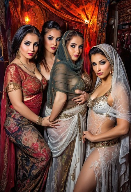 Harem of extraordinarily beautiful, ladies,  belly dancers,  Veiled with sheer silks vintage, , magical, alluring, sultry,  eye catching, bright, OverallDetail, Magical  background fantasy, perfect faces and eyes, hyper-detailed hypermaximalist dynamic style