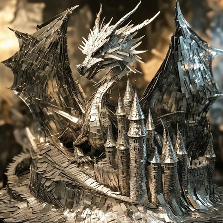 franglamex  professional photo dragon and castle made of metal, high details and very detailed, cinematic, professional light<lora:franglamex:1>