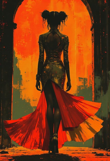 midjourney_whisper_avant_couture, Silhouette Art, breathtaking detailed, masterpiece, awe-inspiring, radiant, magnificent, stunning oriental woman, long hair, gold and red cheongsam