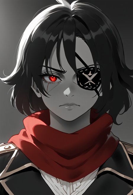 close up of a badass female pirate, scars, (ristricted palette: red and black), monochrome, red eye, red scarf, eyepatch, dynamic lighting, rim lighting,
