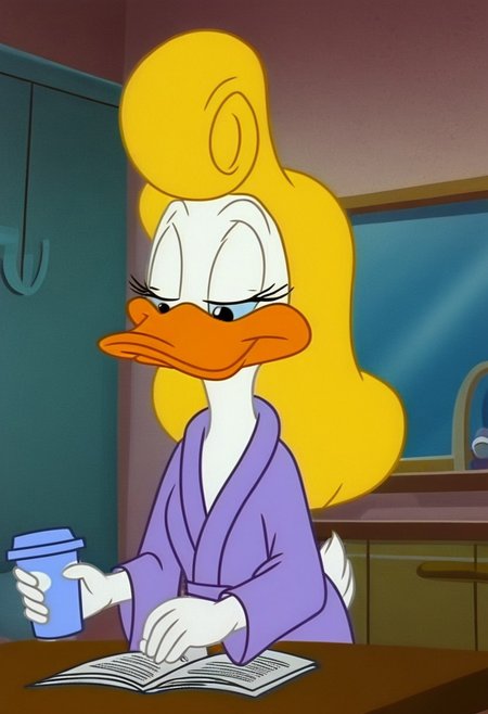 Upper body focus, 1girl, solo,white fur, duck, orange legs, blonde hair, Shirley_loon, wear only bathrobe, one hand holding a cup of coffee, sleepy eyes, looking down, mouth closed, sitting at table, reading newspaper, 
Kitchen background,  early morning, sun rise,
perfect hands, masterpiece, show accurate, perfect anatomy,