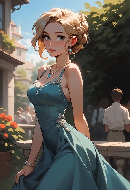 score_9, score_8_up, score_7_up, score_6_up, 1girl,  <lora:bg4XLP:0.8> bg4, French braid, drindl dress, necklace, large boobs, pendant, round butt